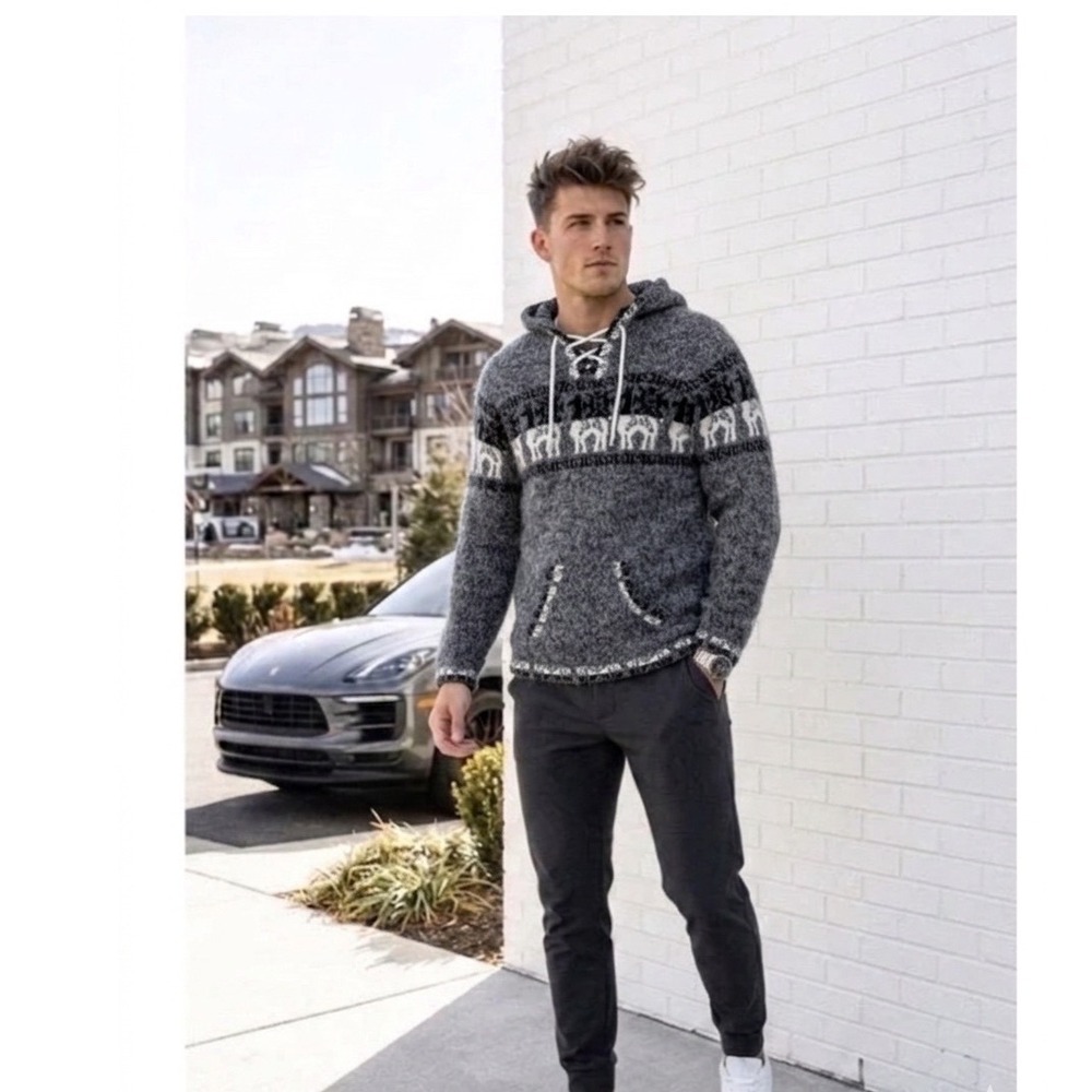 Andes 🦙Store Peru Alpaca Blend Hooded Sweater Unisex‎ Med Gray Llama Knit Baja